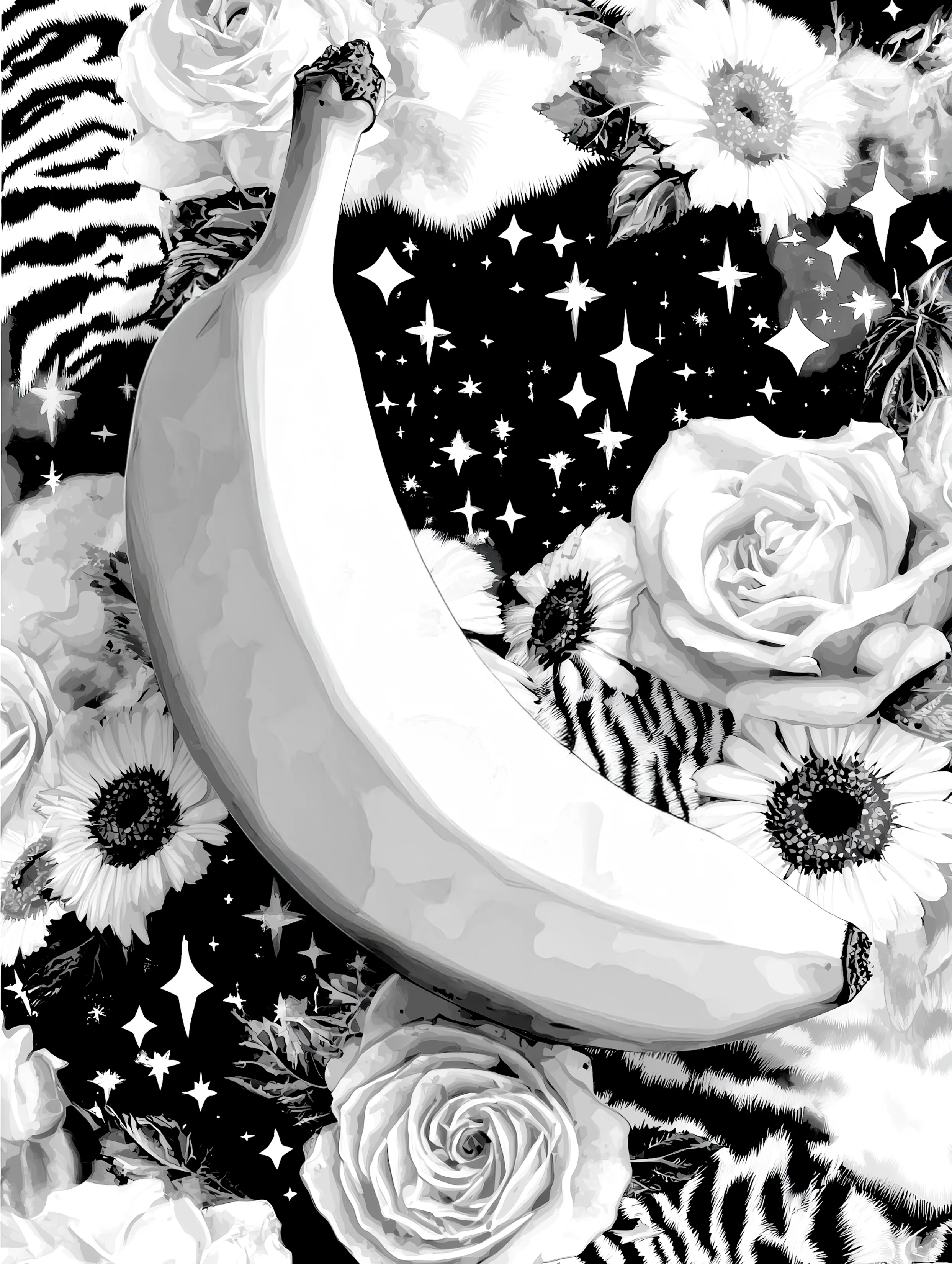 Free printable banana coloring page for adults featuring starry banana with flowers